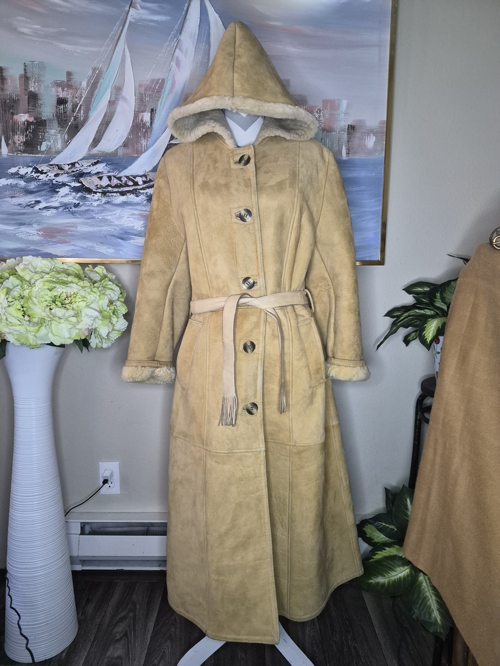 Vintage Castille Women's Hooded Long Teddy Shearling Coat - Tan